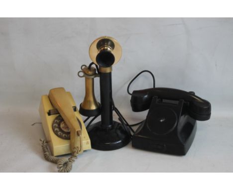 THREE PROP TELEPHONES to include candlestick, Trimphone and Bakelite