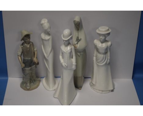 THREE SPODE FIGURINES TO INCLUDE CHRISTINA, EMMA AND EMILY  TOGETHER WITH A LLADRO FIGURE OF A BOY AND A NAO FIGURINE OF A GI