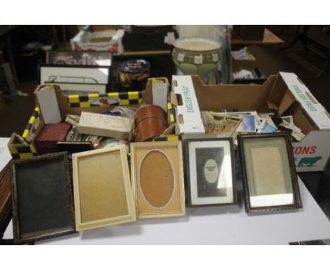 TWO BOXES OF COLLECTABLES TO INCLUDE, a leather cased trio of bottles, a small barometer, two Ronson table lighters, a boxed 