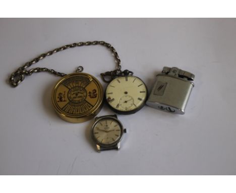 A HALLMARKED SILVER OPEN FACE POCKET WATCH, together with a Roamer Anfibio wrist watch, cigarette lighter etc