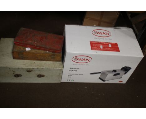 A BOX OF STAINLESS STEEL FRYER, AND A SMALL QUANTITY OF TOOLS ETC.