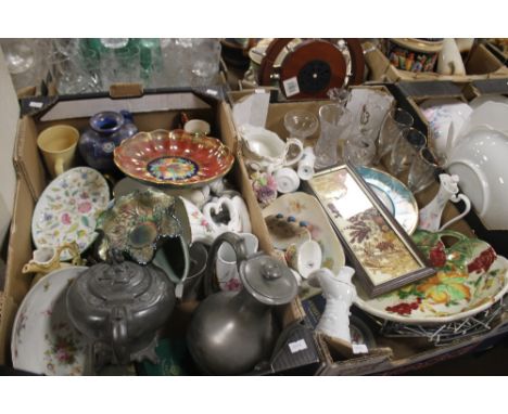 TWO TRAYS OF CERAMICS AND SUNDRIES to include a pewter teapot (trays not included)