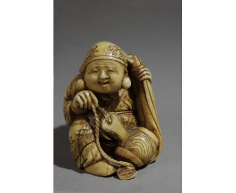 A 19th century Japanese netsuke from Edo period. Not signed. In carved ivory portraying 'Daikoku', sat and holding a sack wit