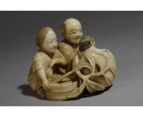 A Japanese netsuke circa 1860-1880 from Meiji period. Signed Masatami Con Kakihan. In carved elephant ivory portraying a coup