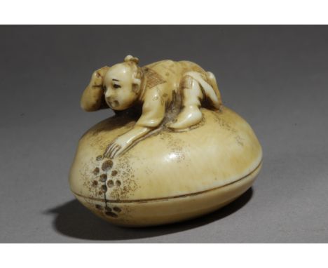 A mid 19th century Japanese netsuke from Edo period. Signed on the base. In carved elephant ivory portraying a young boy crou