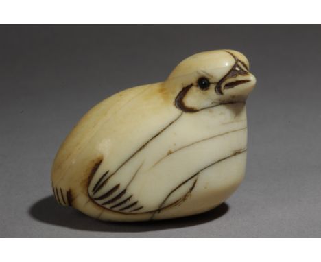  A late 18th century Japanese netsuke from Edo period. Signed Tadatoshi. In carved elephant ivory portraying a quail crouched