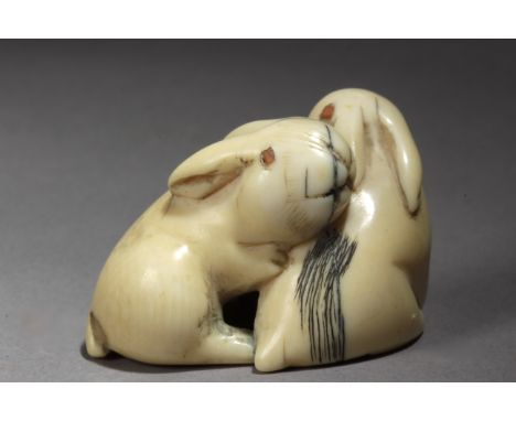 An 18th century Japanese netsuke from Edo period. Not signed. In carved elephant ivory depicting a pair of hares with coral c