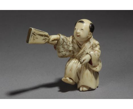 A 19th century Japanese netsuke from Meiji period. Not signed. In carved and polychromed ivory portraying a 'Karako' dancing 