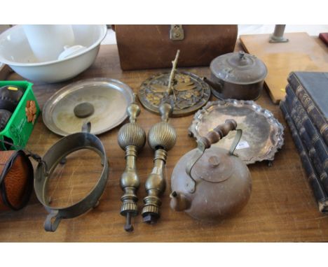 A quantity of metalware to include silver plated tray, copper kettles, sundial etc.