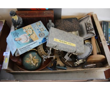 A box containing various sundry items to include table lighter, inlaid box