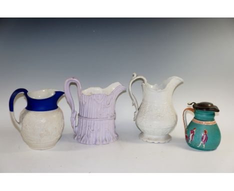 A Victorian Wedgwood hunting mug moulded in relief beneath a blue Jasper dip neck, 19 cm high, impressed mark; two Victorian 