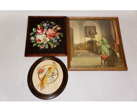 A tapestry panel worked in coloured wools in gros point with floral spray, mahogany framed, 44 cm x 37 cm; an embroidered pic