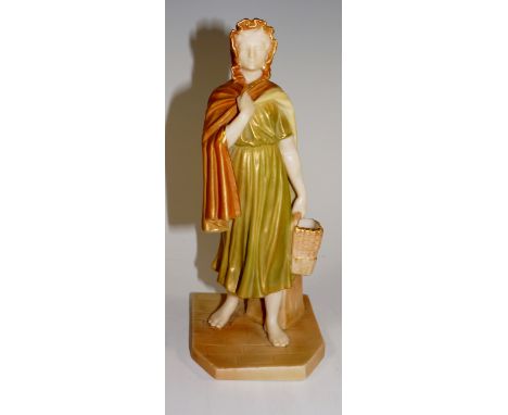 A Royal Worcester James Hadley figure of a young girl carrying basket, and wearing a cloak, 17 cm high, printed mark in green