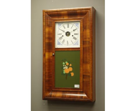 19th century American mahogany wall hanging clock, hinged glazed door painted with fruit, white painted Roman dial, 42cm x 74