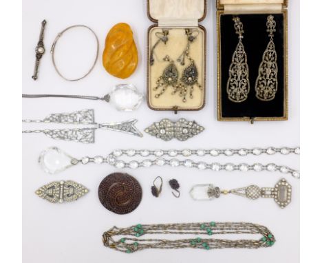 Silver bangle, marcasite and pearl bar brooch, 1930/40's marcasite, crystal, amber and garnet jewellery   Condition Report   