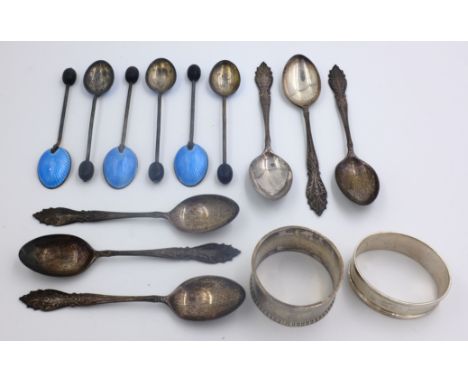 Set of six silver teaspoons, set of six silver coffee bean spoons with blue enamel backs, two silver napkin rings all hallmar