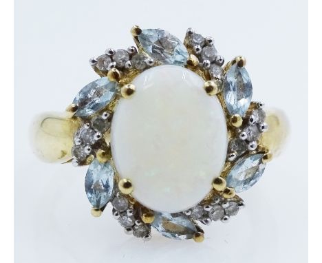 Opal, topaz and diamond cluster gold ring hallmarked 9ct   Condition Report  size Q3.4gm Click here for further images, condi