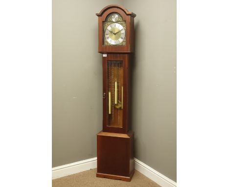 Late 20th century mahogany longcase clock, arched brass dial inscribed 'Tempus Fugit', triple train quarter chiming movement 