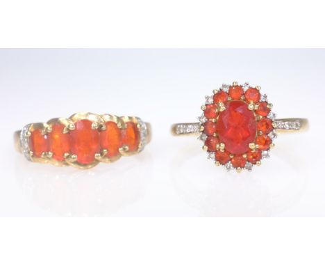 Two fire opal and diamond gold rings hallmarked 9ct   Condition Report  both size O-P4.4gm Click here for further images, con