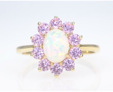 14ct gold opal and pink stone cluster ring hallmarked Condition Report Approx 3gm size S-T