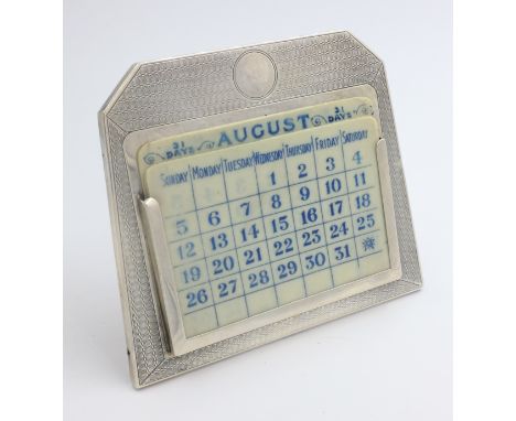 Silver perpetual desk calendar, engine turned decoration, oak back by Percy James Finch Birmingham 1926 height 10cm   Conditi