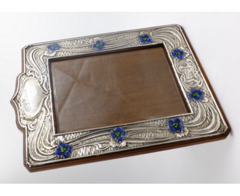 Art Nouveau silver photograph frame with repousse and enamel decoration, oak easel back by Munsey & Co Ltd Chester 1905  H.33