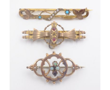 Victorian 9ct gold ruby bar brooch hallmarked, turquoise and seed pearl bar brooch stamped 9ct and an opal and garnet bar bro