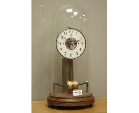 Early 20th century tall 'Bulle' electric clock, silvered Arabic dial, under dome with turned stained beech plinth, H46cm   Co