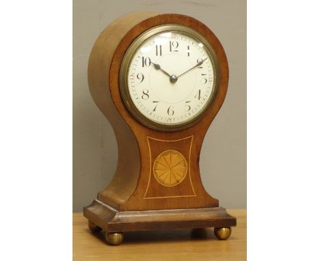 Edwardian mahogany balloon mantel clock, inlaid with fan motif, boxwood stringing, turned brass feet, H21.5cm   Condition Rep