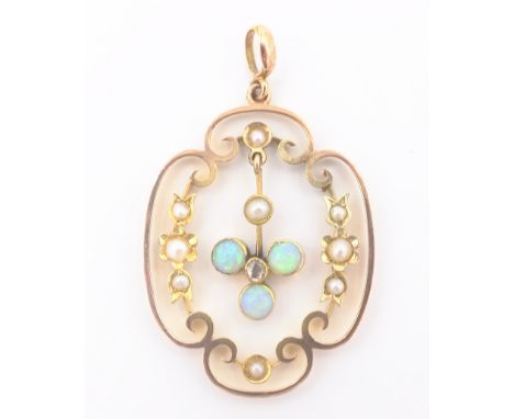 Early 20th century rose gold opal, seed pearl and diamond pendant tested 9ct    Condition Report  Approx 3gm Click here for f