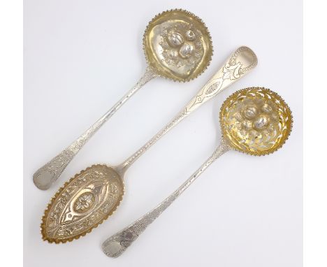 Pair Georgian silver berry spoons, ladle and sifter by Thomas & William Chawner London circa 1764 and a berry spoon by George
