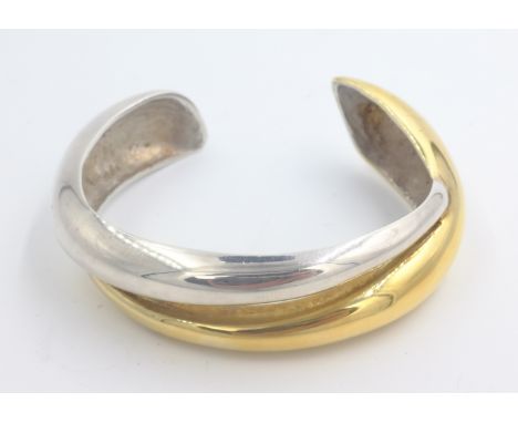Two tone silver and silver gilt cuff contemporary design bangle hallmarked   Condition Report  Approx 2.5oz Click here for fu
