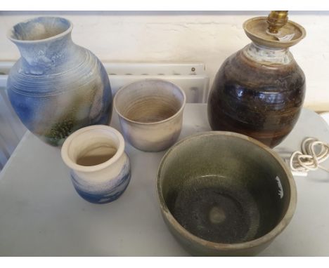 A collection of Molly Finlayson studio pottery, to include vases, bowls and a lamp. No condition report on this lot, Please V