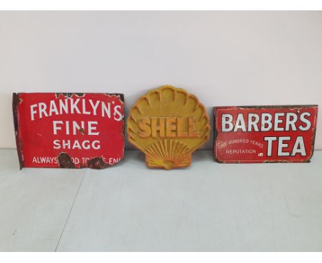 A collection of three advertising signs, to include one metal sign and two enamel. No condition report on this lot, Please Vi