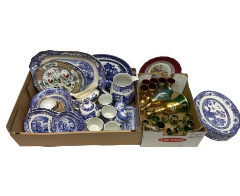 Quantity of blue and white ceramics to include Spode Italian pattern, together with red, blue and green Bohemian glasses deco