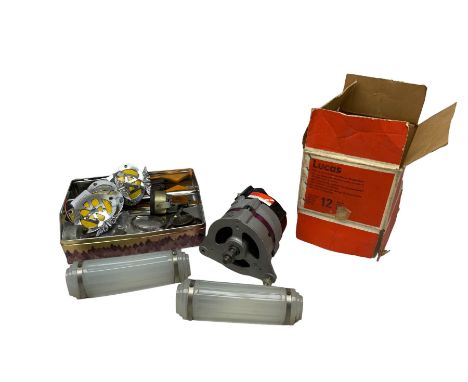Quantity of vintage automobile parts and equipment, to include three AA badges, Lucas 1970s/80s car alternator B90 exchange u