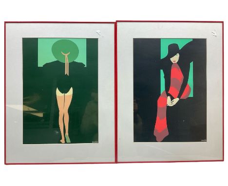 Amleto dalla Costa (Italian 1929-): Art Deco Female Portrait, pair colour prints 47cm x 33cm (2)