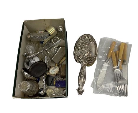 Collection of silver mounted snuff bottles, one example with yellow guilloche enamel top, together with other glass and metal