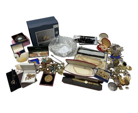 Cased set of two gold plated Sheaffer ballpoint pens, Georg Jensen boxed bowl, and quantity of vintage and later costume jewe