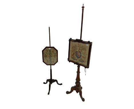 Victorian mahogany pole screen, needle work panel in frame carved with scrolls and foliage (H174cm), and a 19th century pole 