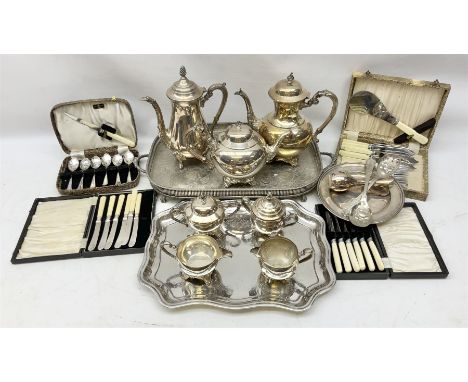 Oneida three piece silver plated tea service, together  with a coffee pot twin handled service tray, cased flatware etc 