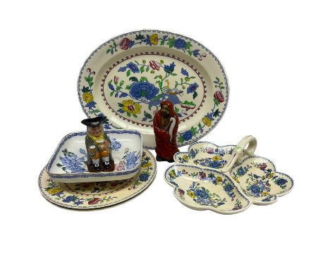 Japanese figure of Daruma, Mason's Regency pattern dinner wares, Royal Doulton Happy John jug and Royal Worcester Crown Ware 