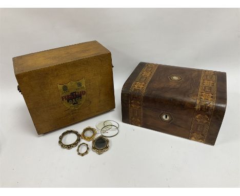Victorian walnut box with Tunbridge ware banding and mother-of-pearl inlay, W29.5cm H14cm, together with first aid kit box an