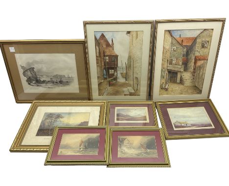 English School (19th century): Ships, pair watercolours signed; Francis Nicholson lithograph; pair oils of moors and pair wat