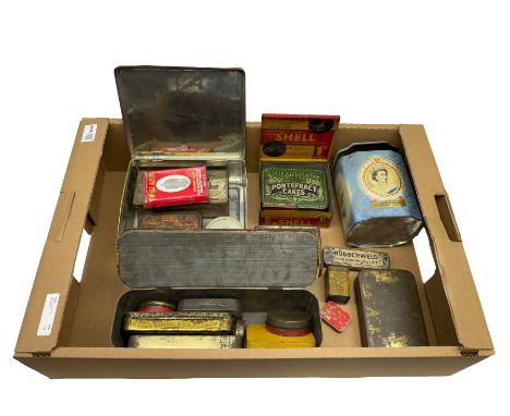 Large collection of vintage tins, to include 'Wilkinson's Pontefract cakes' Cadbury's Bournville', 'Tyesules Shell Spirit' 'F