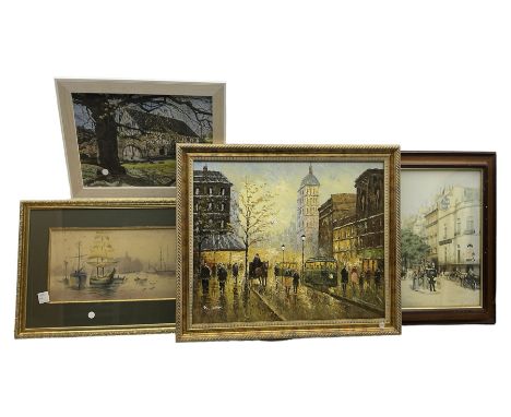 French School (20th century): Parisian Street Scene, oil on canvas signed R Jonah together with a watercolour and two prints 