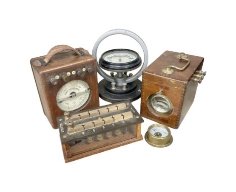 Philip Harris resistance bridge box in wood and glass case, Power Factor Meter no 382603 in case, GEC brass galvanometer in w