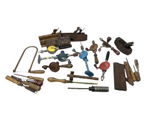 Quantity of woodworking tools, comprising hand drills to include Stanley No. 803 and No. 5803, Qualcast Clipper etc, together