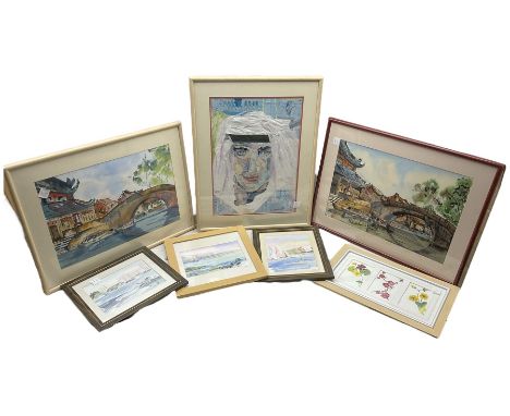 Rosemary E Croizat (Northern British 20th century): Landscapes and Portrait, ten watercolours and collage signed (10)