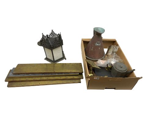 Copper jug marked 1 Imp. gallon together with Elkinso &amp; Co cased  bone handled flatware, brass pixie knocker and other co